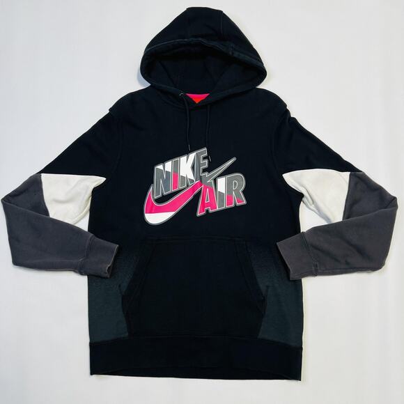 Nike Air Hoodie Mens Medium Black White Pink Colorblock Logo Pullover Sweatshirt - Picture 1 of 9